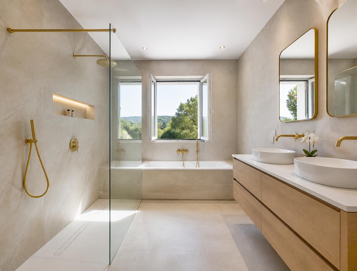 Salle de bain rénovée aux tons clairs avec douche à l'italienne